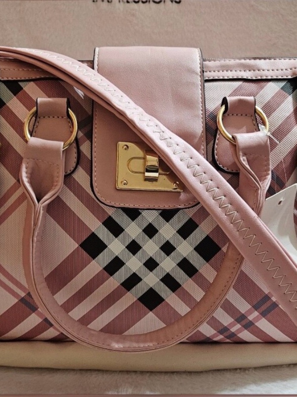 Pink Plaid Satchel Handbag with Gold Hardware